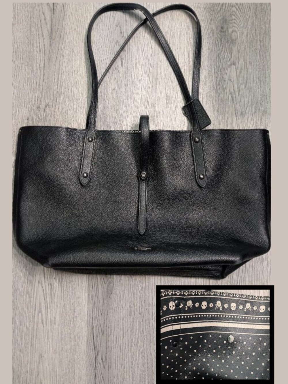 Rare Coach Market Tote Black Pebbled Leather Skull Bandana Gunmetal Laptop Bag